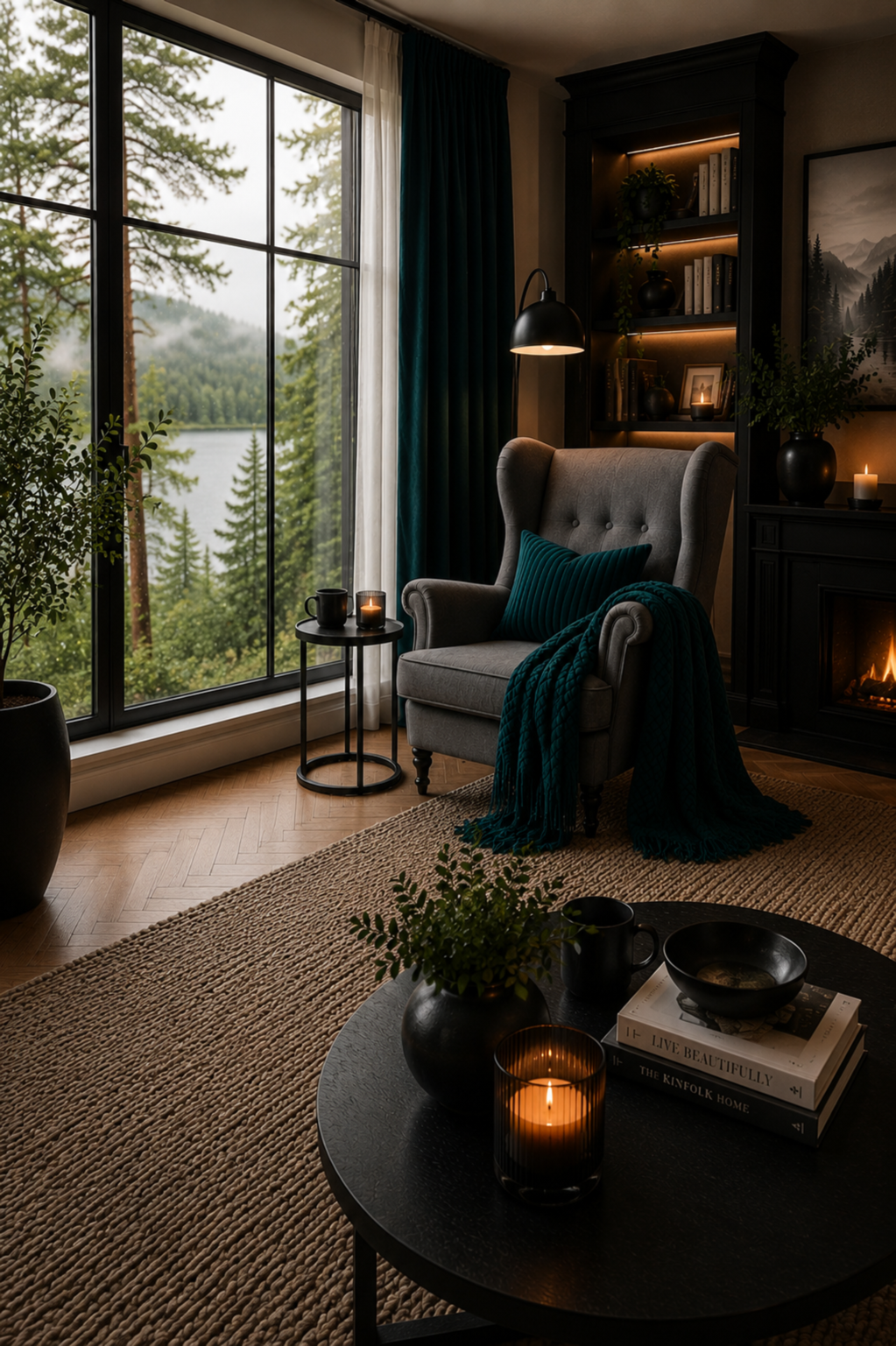 Cozy reading nook with grey wingback chair, teal throw, large window and warm lighting.