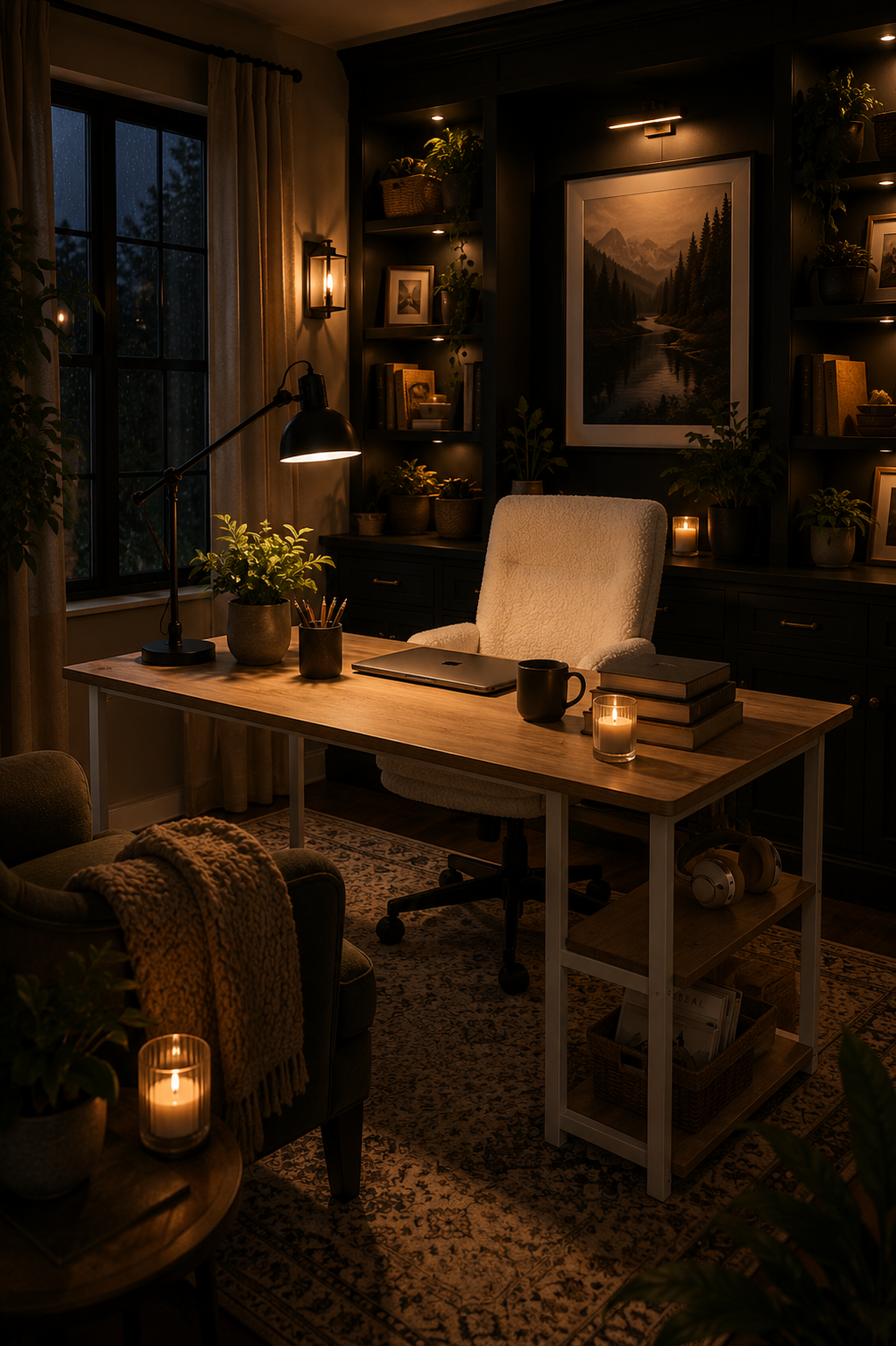 A calm small home office with warm desk lighting, shelving and plants.