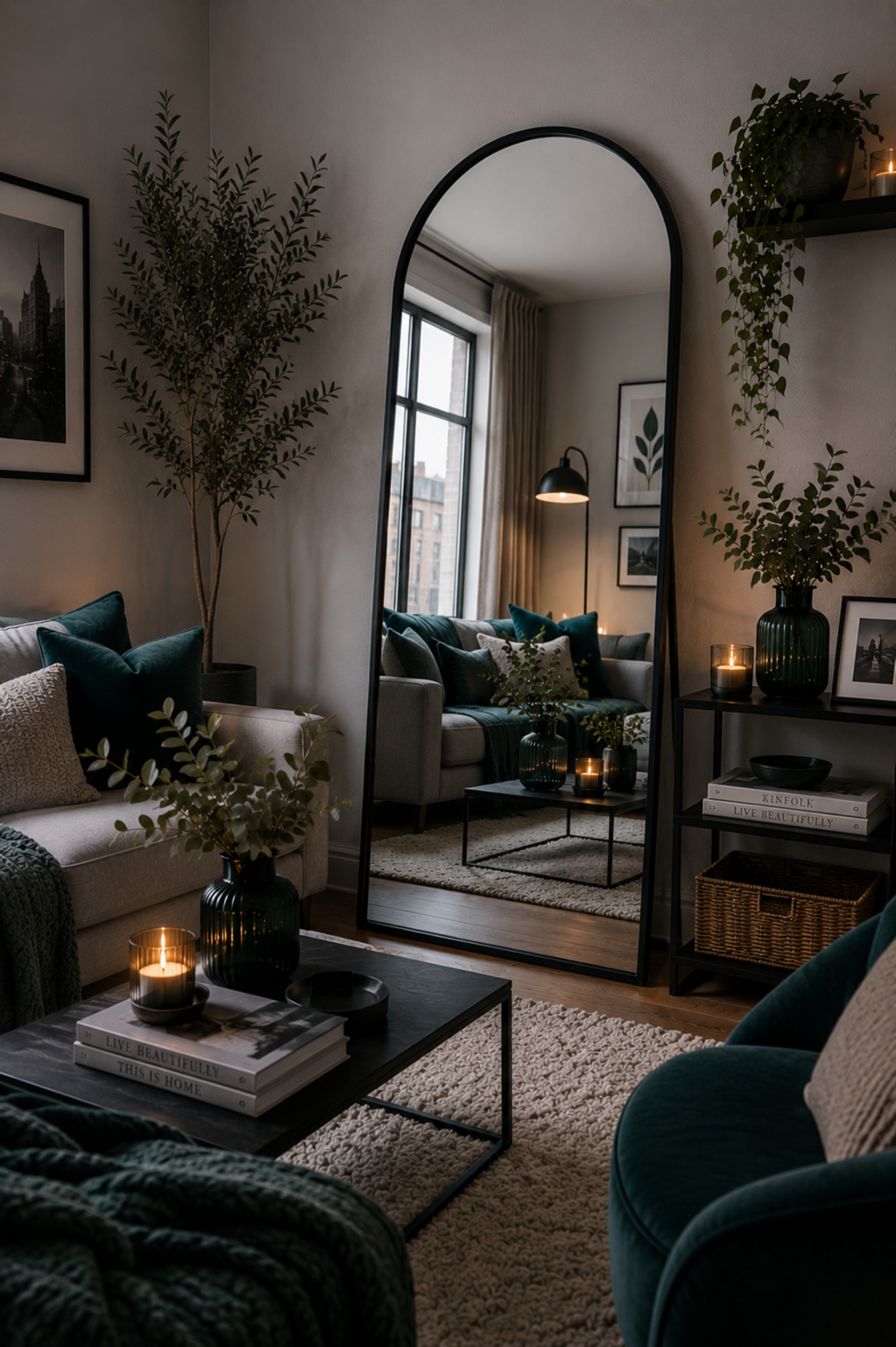 Full-length black mirror reflecting warm light and teal accents in a compact living room.