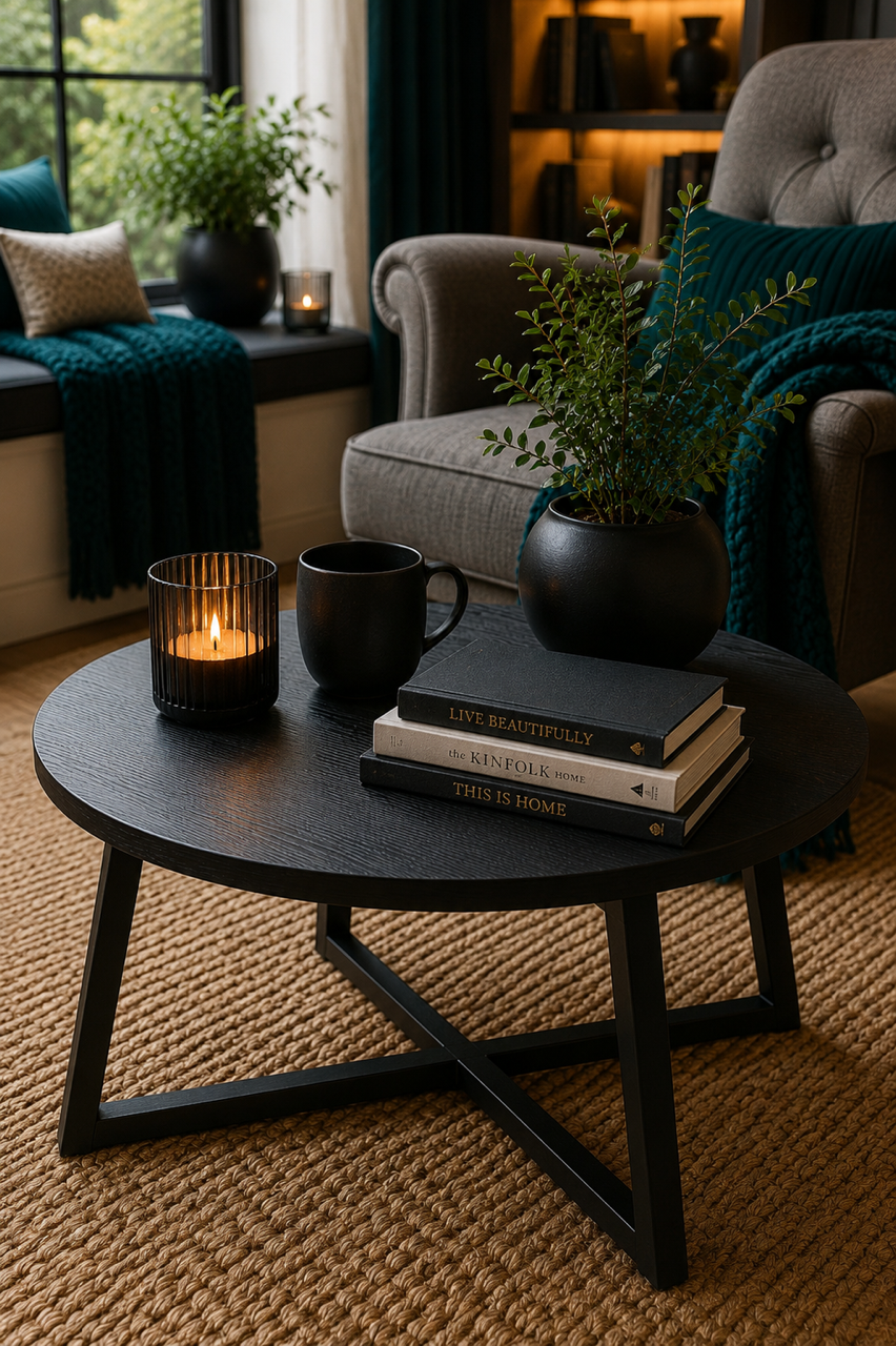 A black round coffee table in a small living room styled with a candle, black mug, stacked books and a small green plant.