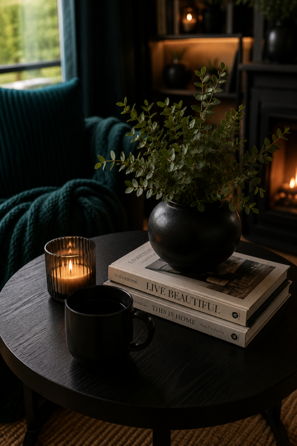Black coffee table styled with candlelight, books, greenery and a ceramic mug in a small living room.