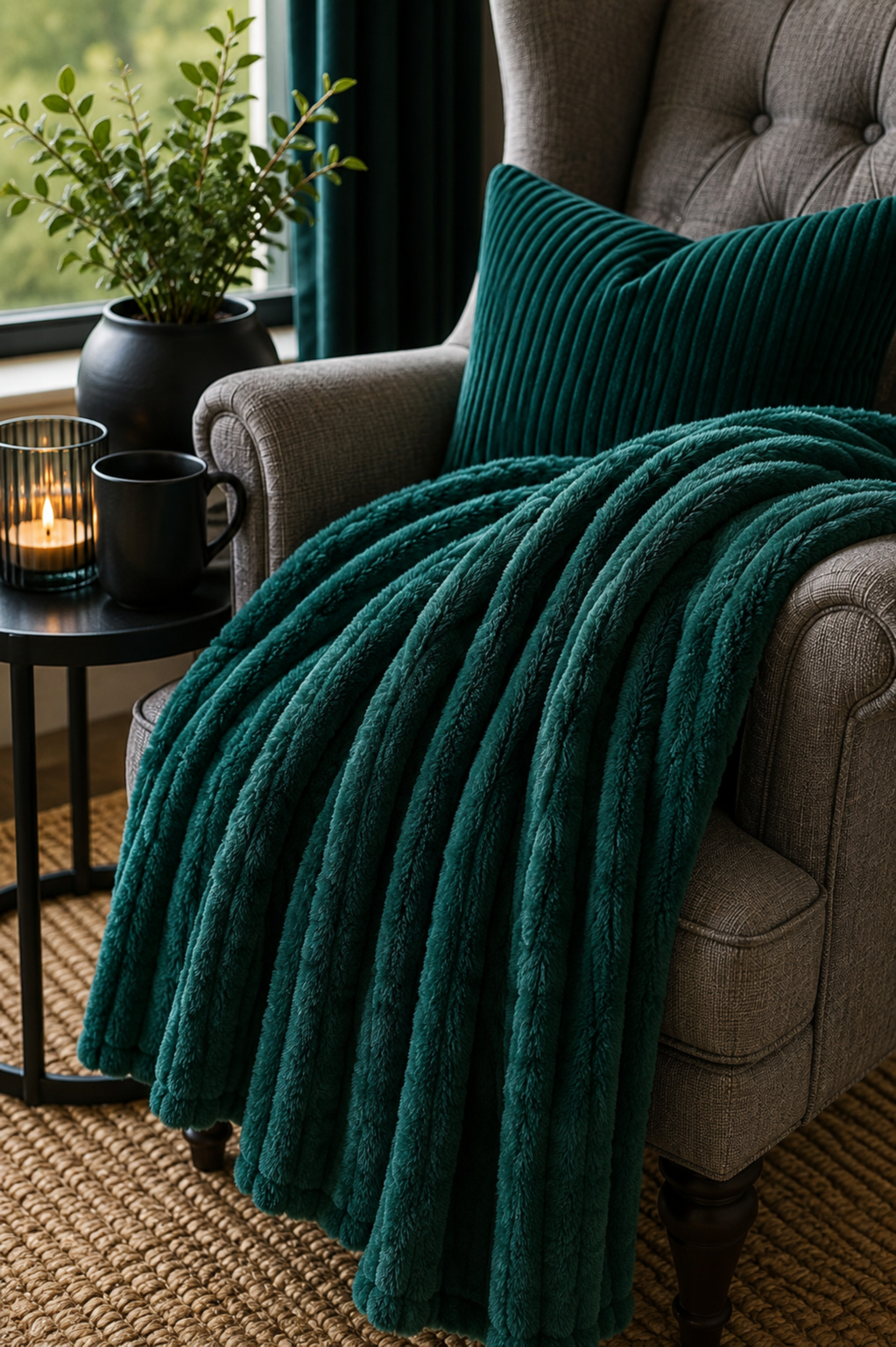 A close-up of an emerald teal throw and cushion on a grey armchair beside a black side table, candle and plant.