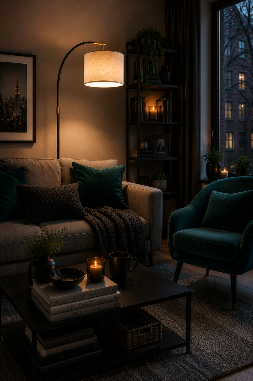 Arc floor lamp casting warm light over a compact living room seating area with teal accents and candlelight.