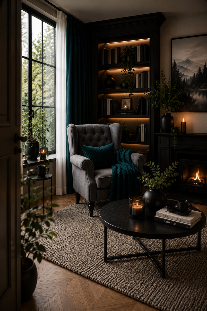 A cozy small living room with a grey reading chair, fireplace, dark bookcase, teal throw, black round coffee table and candles.