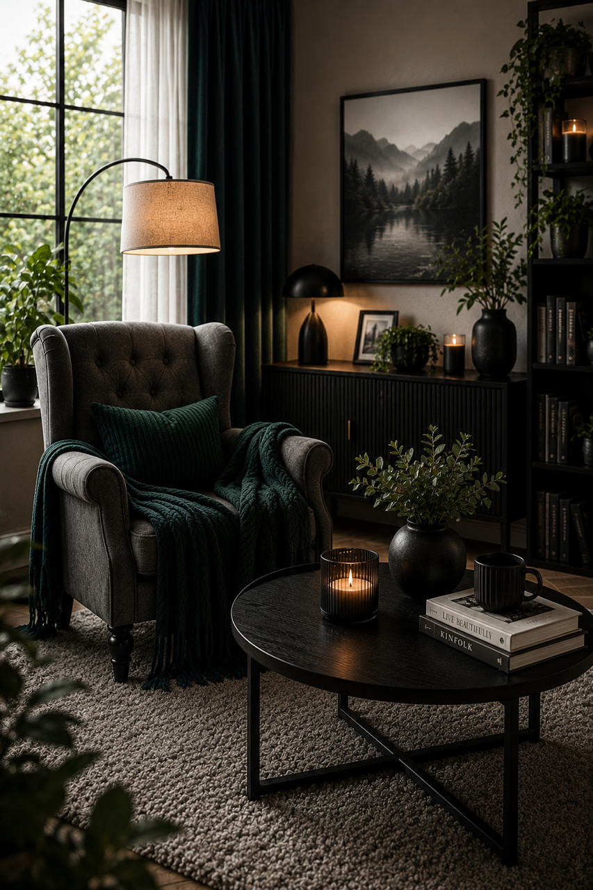 Warm small living room with teal chair, soft lighting and layered textures.