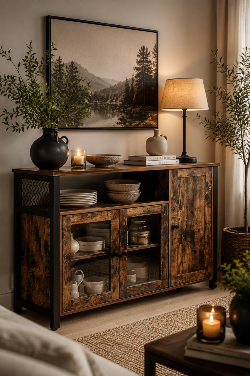 Rustic sideboard styled with a warm table lamp, framed art, books, ceramics and greenery in a small living room.