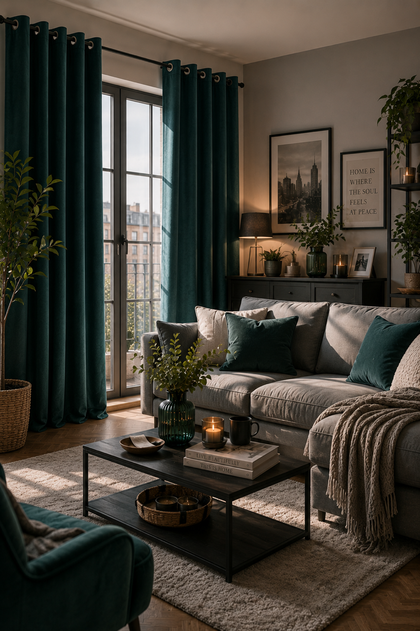 A calm small living room with deep teal curtains, a grey sofa, black coffee table, warm lamp light, plants and layered textiles.