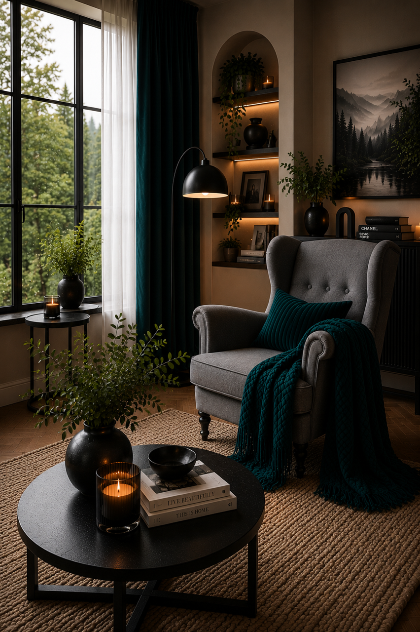 Layered sheer and teal curtains softening daylight in a compact living room window corner.