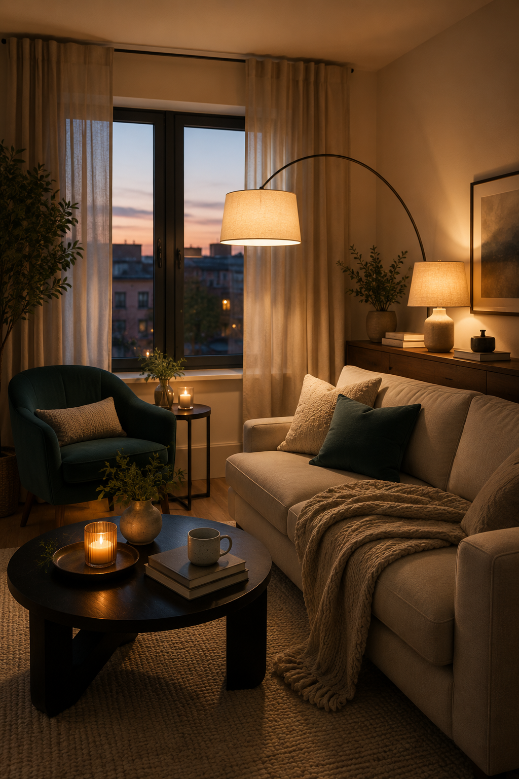 Small living room with layered warm lighting, an arc floor lamp, candlelight, soft curtains and cozy seating.